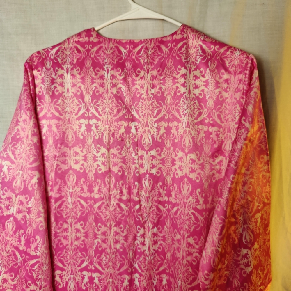 Miss Elaine Pink Satin Damask Robe M Full Zip Tassel Pockets Soft Lounge - Picture 10 of 15